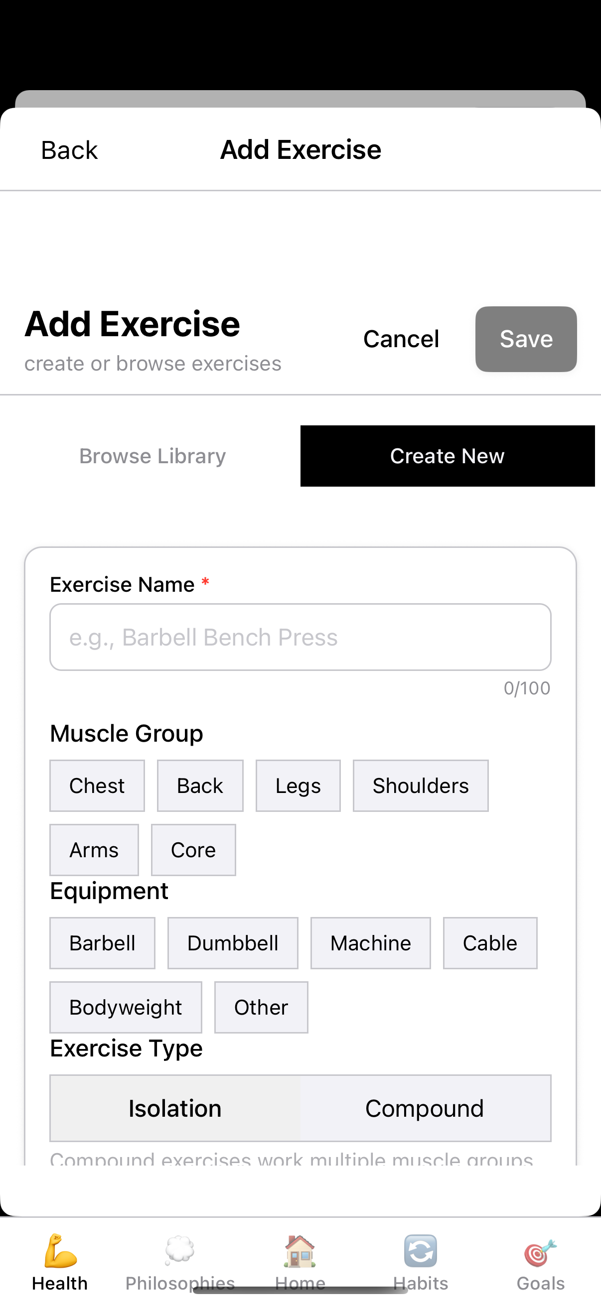 Create Exercise - Add custom exercises